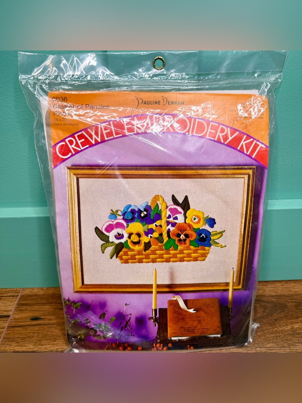 New Old Stock Sealed Pauline Denham Crewel Embroidery Kit Basket of Pansies
